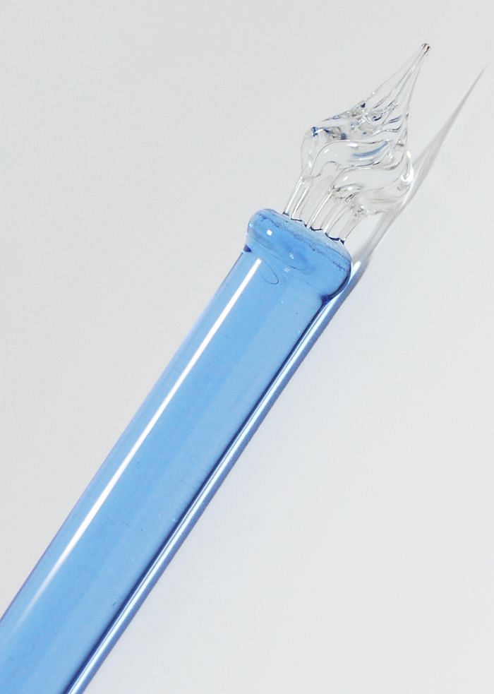 Glasfeder Glasfüller mit Tintenfass farbig Blau Glasfederhalter